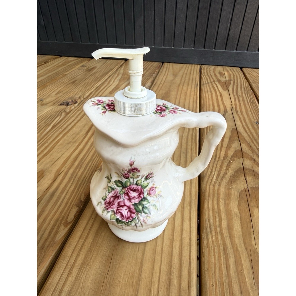 Athena JA Soap Dispenser California Pottery Porcelain Roses USA 7.25" Vintage